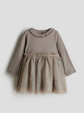 Baby Girl Long Sleeve Tulle Dress in Taupe with Gold Sparkle